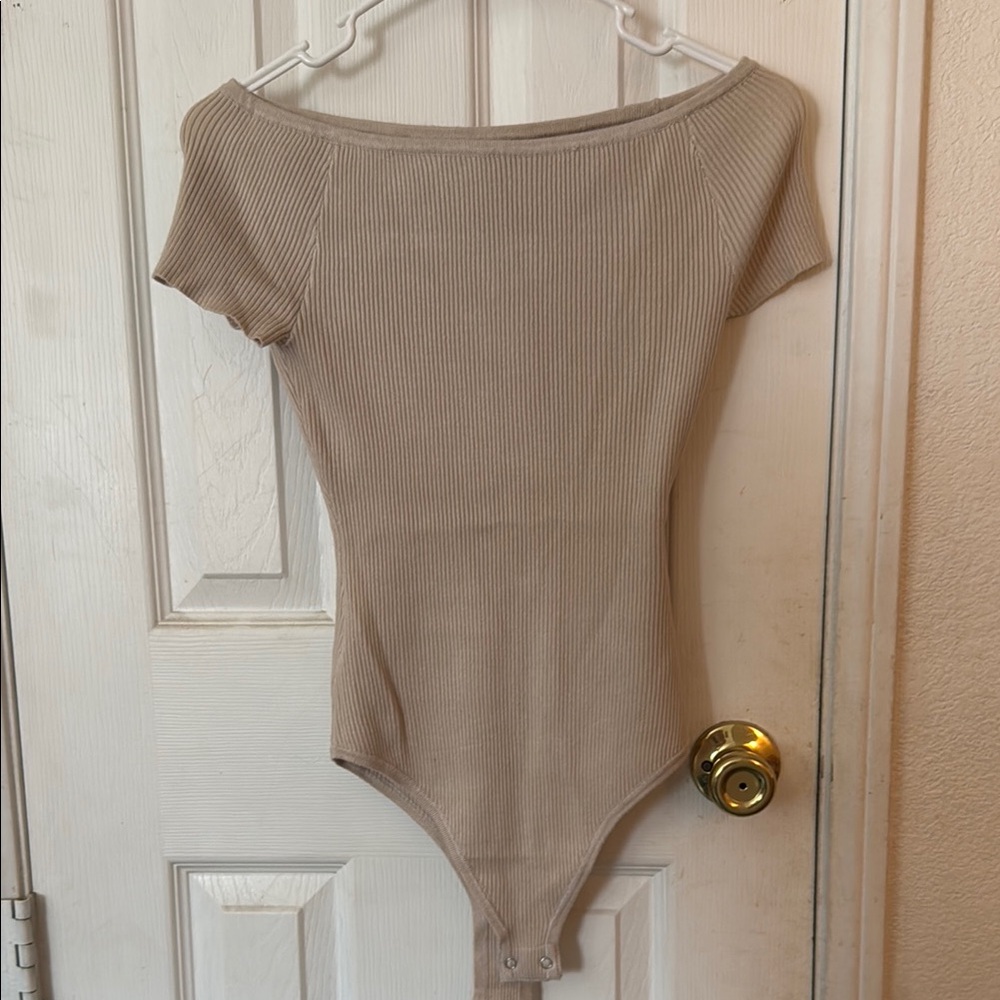 Tan Off-Shoulder Ribbed Bodysuit